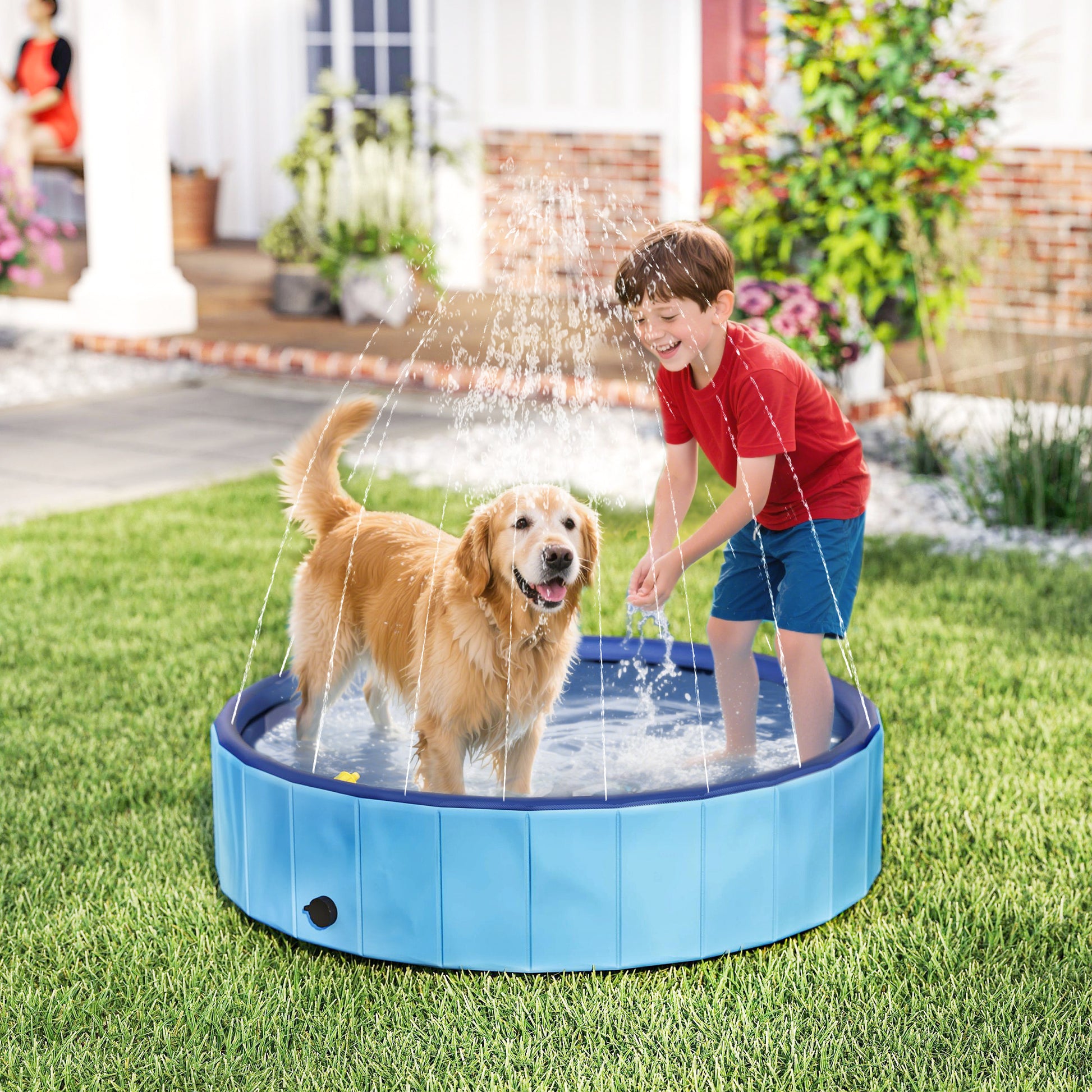 Pawhut Piscina Para Perros Plegable Con Aspersor Antideslizante Resistente Azul_1