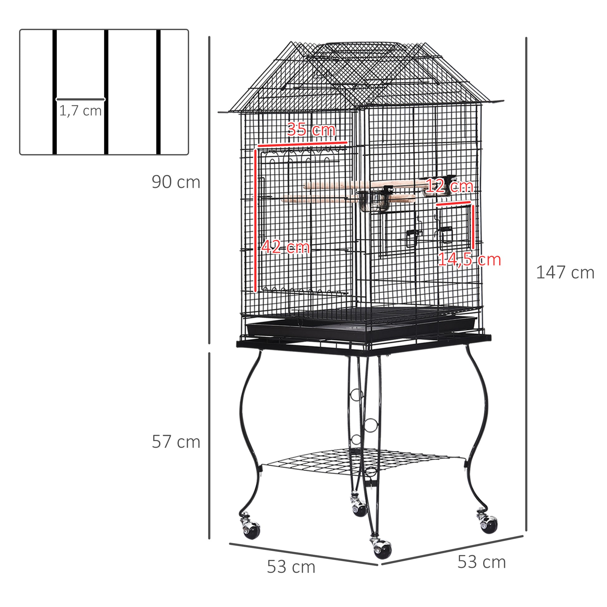 Pawhut Jaula Para Pájaros Con Soporte Ruedas Bandeja Extraíble 2 Comederos_2