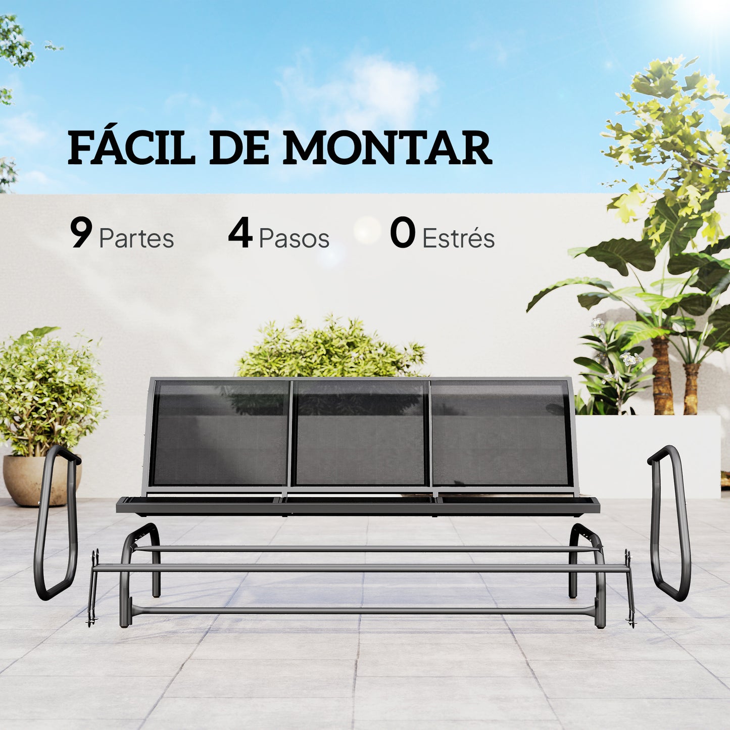 Outsunny Banco De Jardín Exterior De 3 Plazas Con Reposabrazos 147x70x85cm Negro_4