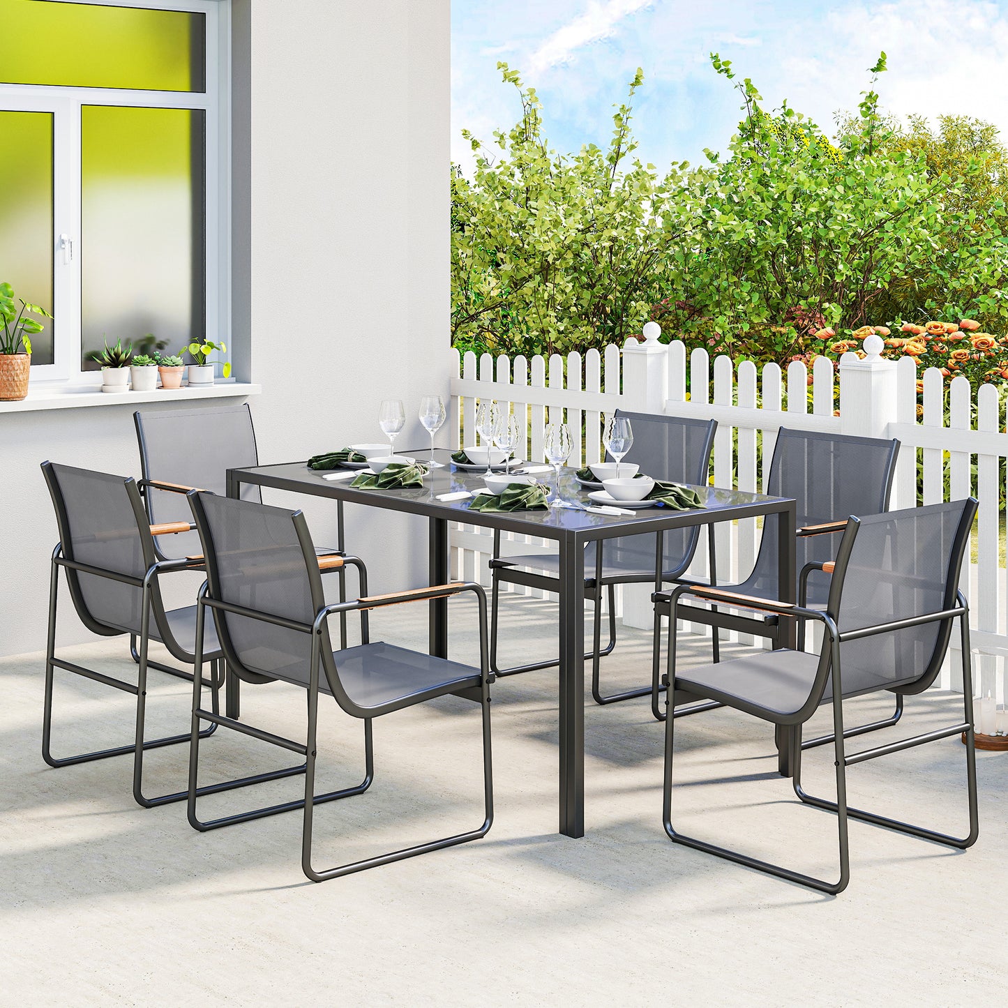 Outsunny Conjunto De Mesa Y Sillas Jardín De 7 Piezas Con Sillas Transpirables_1