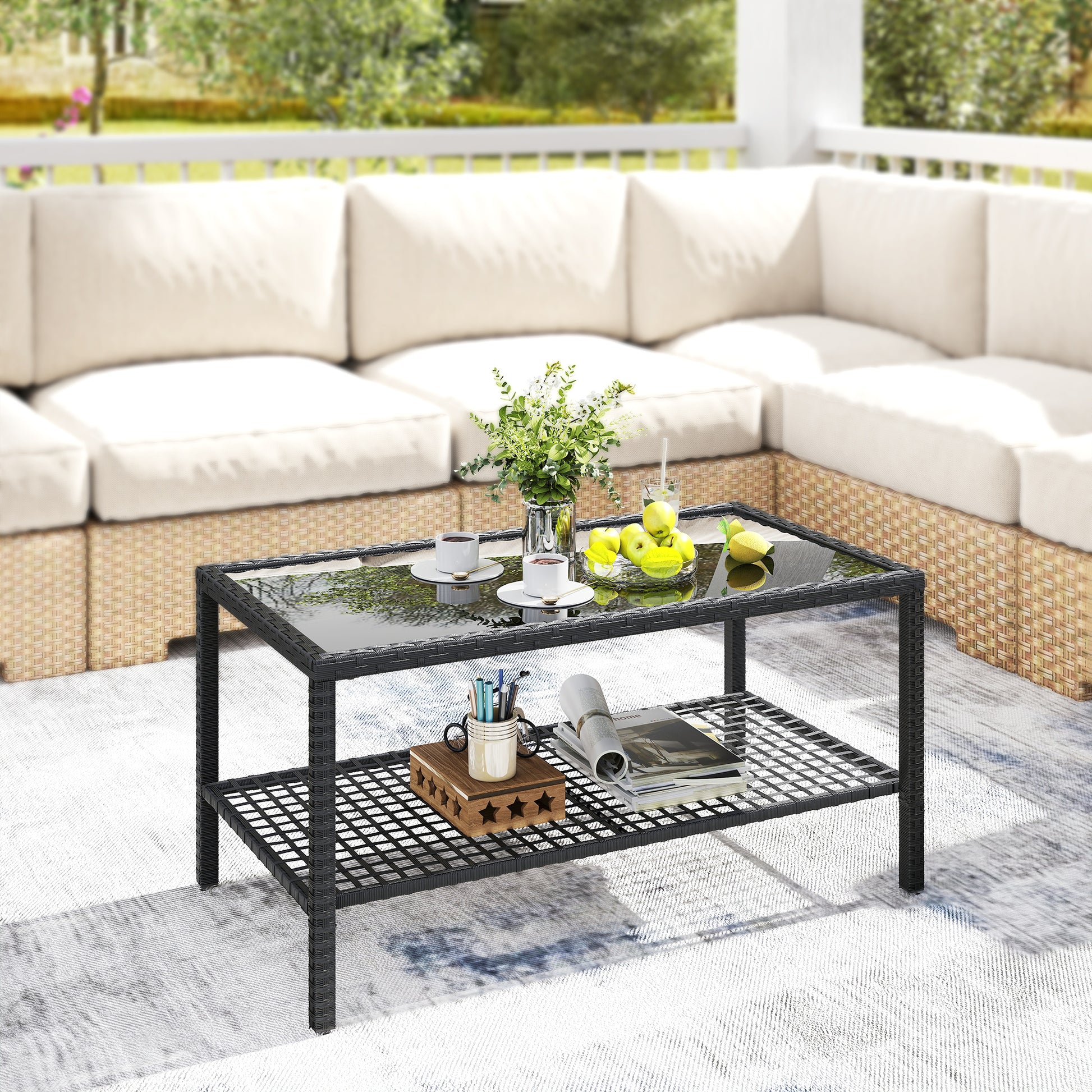 Outsunny Mesa De Jardín De Ratán Con Estante Tablero De Vidrio Templado Negro_1