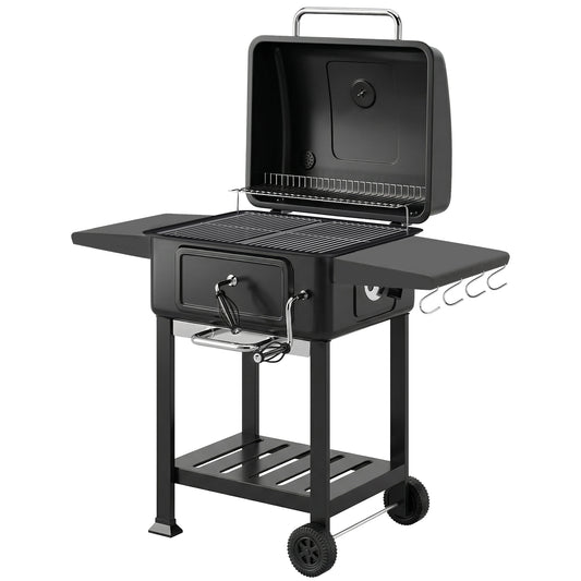 Outsunny Barbacoa De Carbón Con Gran Parrilla Bandeja Ajustable Estantes Ruedas_0