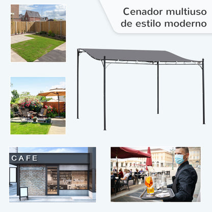 Outsunny Pérgola De Jardín 4x3 M Montado En Pared Con Toldo Y 16 Orificios Gris_5