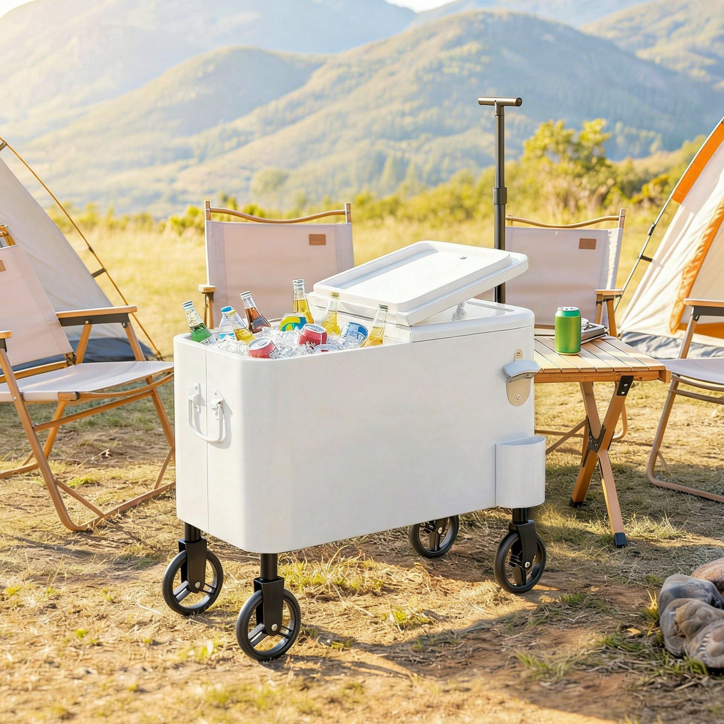 Outsunny Carrito Nevera De 56l Con Ruedas Mango Ajustable Abrebotellas Blanco_1