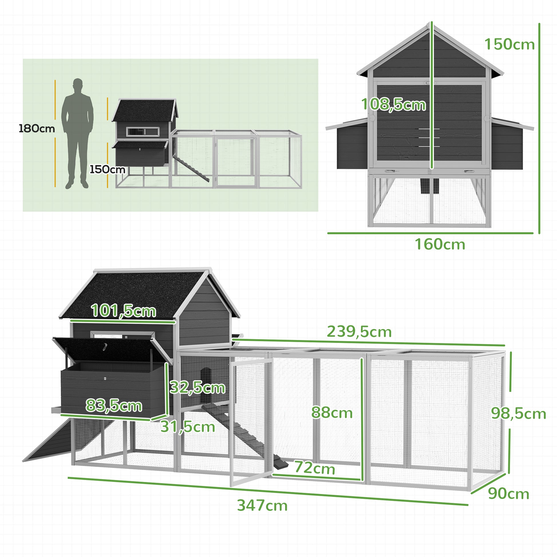 Pawhut Gallinero Para Exterior Con 2 Nidos Techo Asfáltico 347x160x150 Cm Gris_2