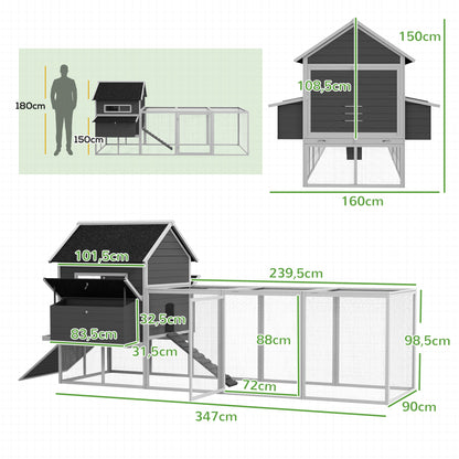 Pawhut Gallinero Para Exterior Con 2 Nidos Techo Asfáltico 347x160x150 Cm Gris_2