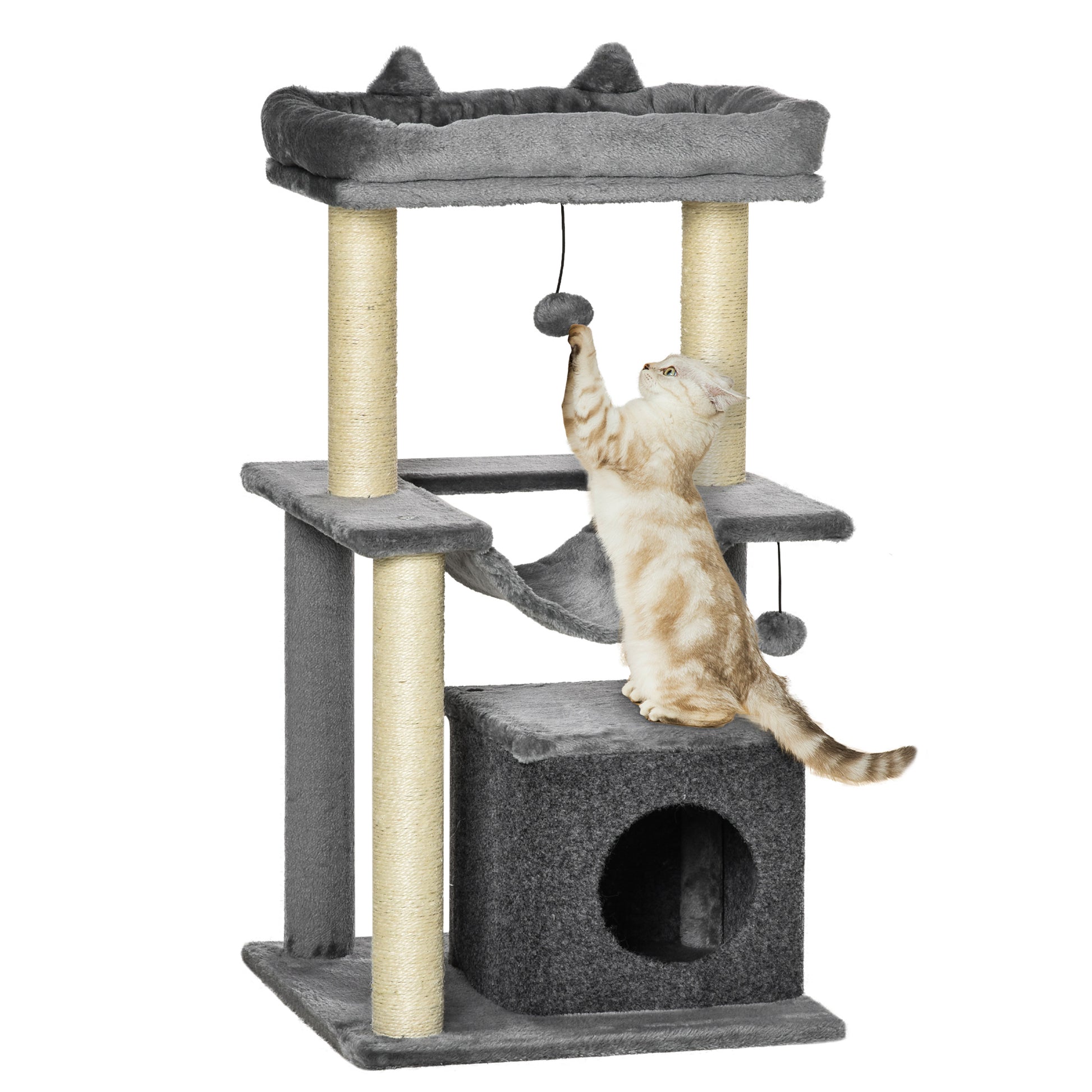 Pawhut Árbol Rascador Para Gatos Altura 90 Cm De 3 Niveles 48x48x90 Cm Gris_0