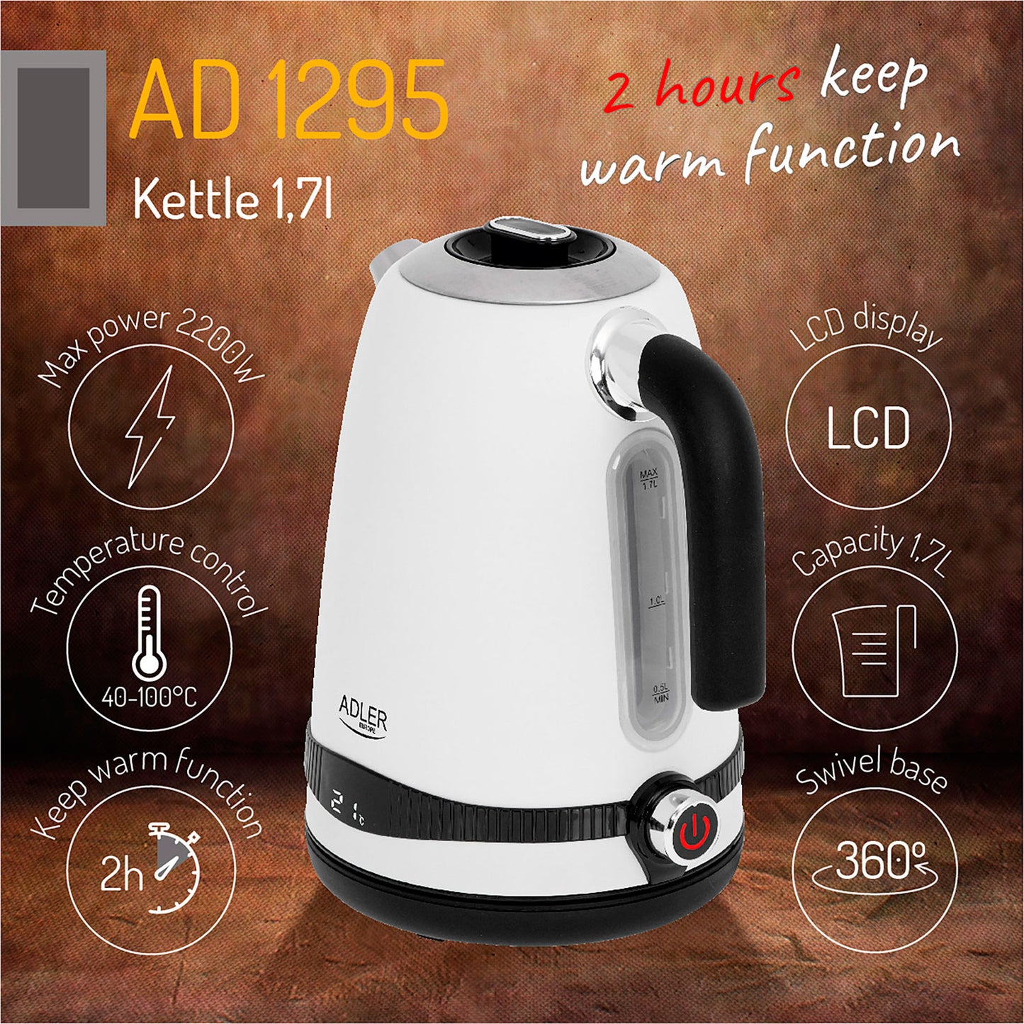 Hervidor Agua Eléctrico, Capacidad 1,7l, Sin Bpa, Control Temperatura, Acero Inox, Inalámbrico Adler Ad1295, 2200w