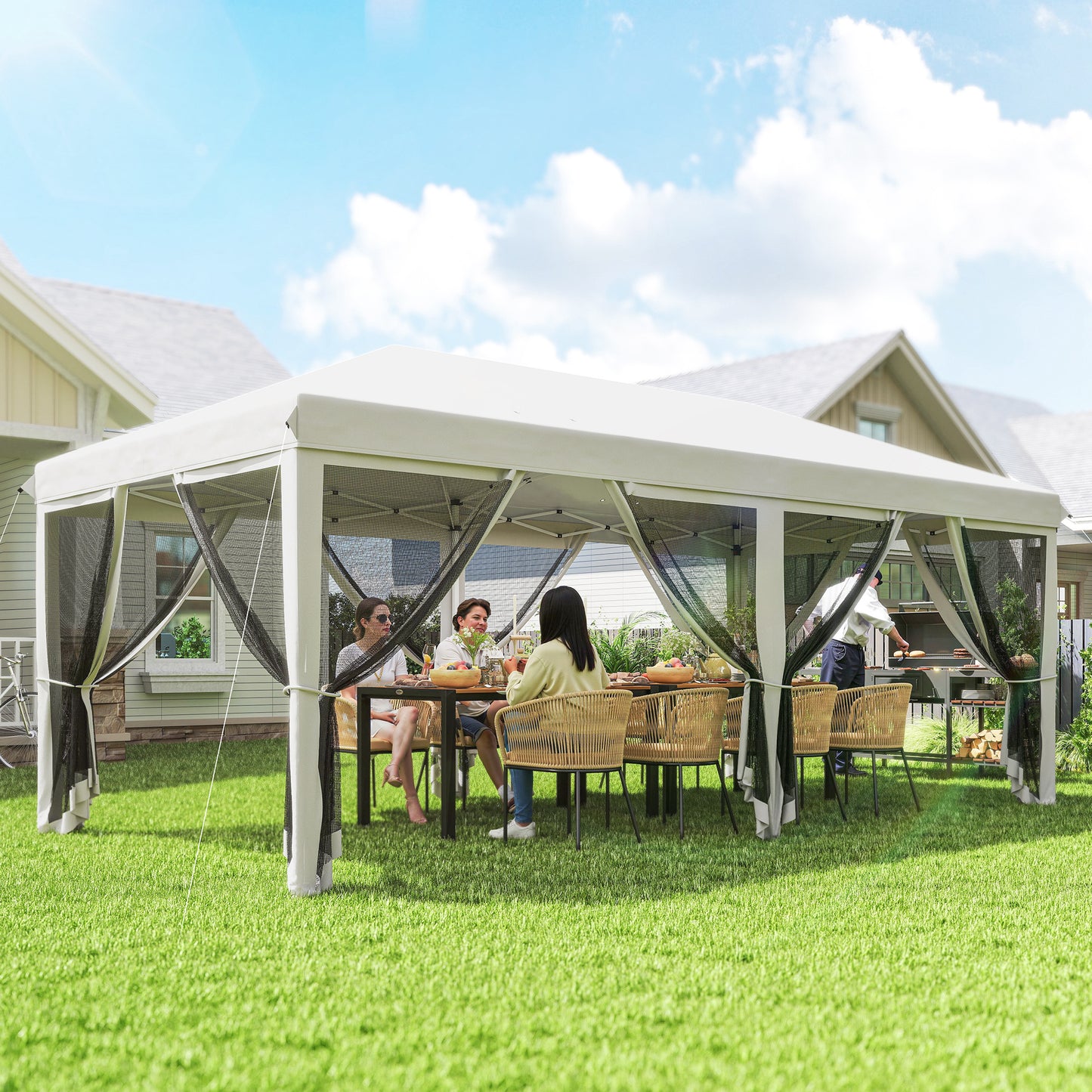 Outsunny Carpa Plegable 6x3 M Con 6 Paredes Laterales De Malla Anti-uv Crema_1