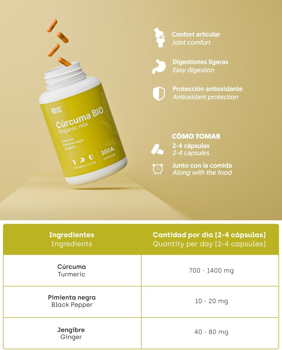 Cúrcuma Bio Certificada Antiinflamatorio Articular Nutribrain 300 Cápsulas_4