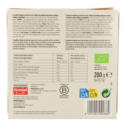 Galletas Sin Gluten rellenas de Crema de Cacao Germinal Bio, 200 gr