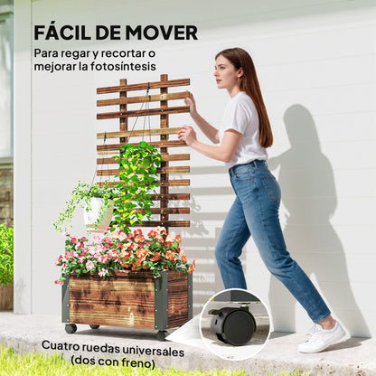 Outsunny Jardinera Con Ruedas Y Celosía 65x31x147 Cm Carbonizado_4