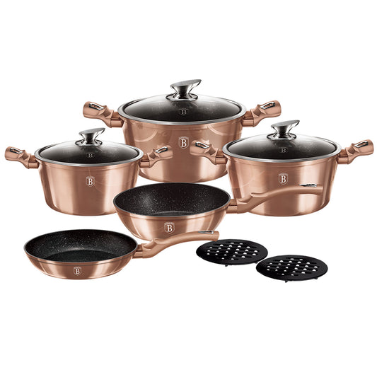 Batería Cocina Inducción 10 Piezas, Antiadherente Mármol Sin Pfoa, Aluminio, Cazuelas Sartenes Berlinger Haus Rose Gold Oro Rosado_0