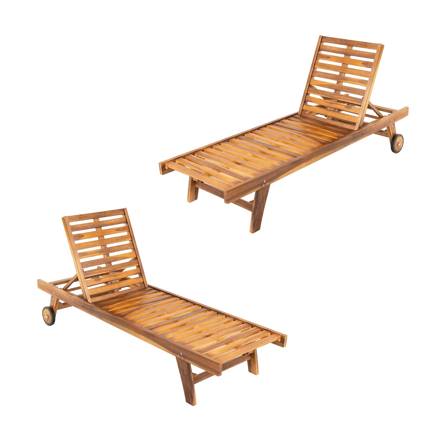 Pack 2 Tumbonas Para Jardín Con Ruedas, Reclinable, Madera Teca Grado A, Tamaño: 65x200x35 Cm, Tratamiento Al Agua Aplicado_0