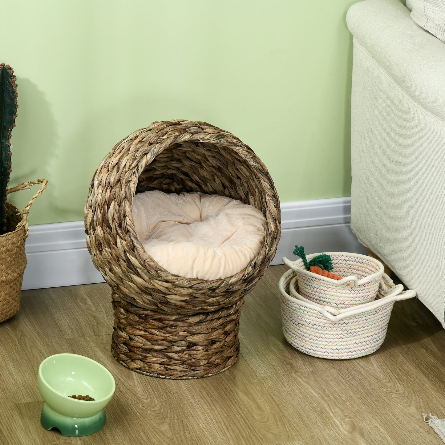 Pawhut Cama Para Gatos De Mimbre Con Cojín Extraíble 40x37x51 Cm Marrón Oscuro_3