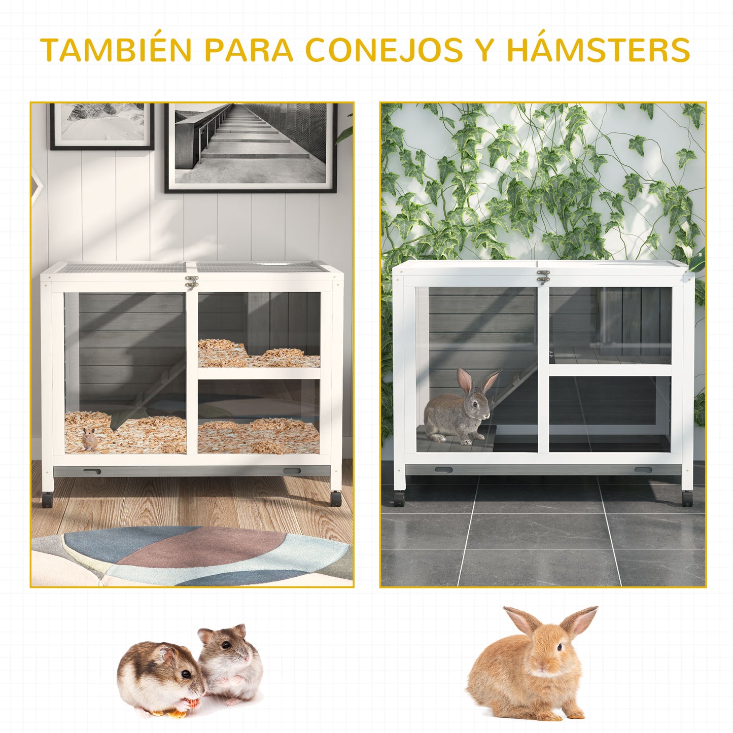 Pawhut Conejera De Madera Con Ruedas 91,5x53,3x73 Cm Techo Abatible Bandeja_3