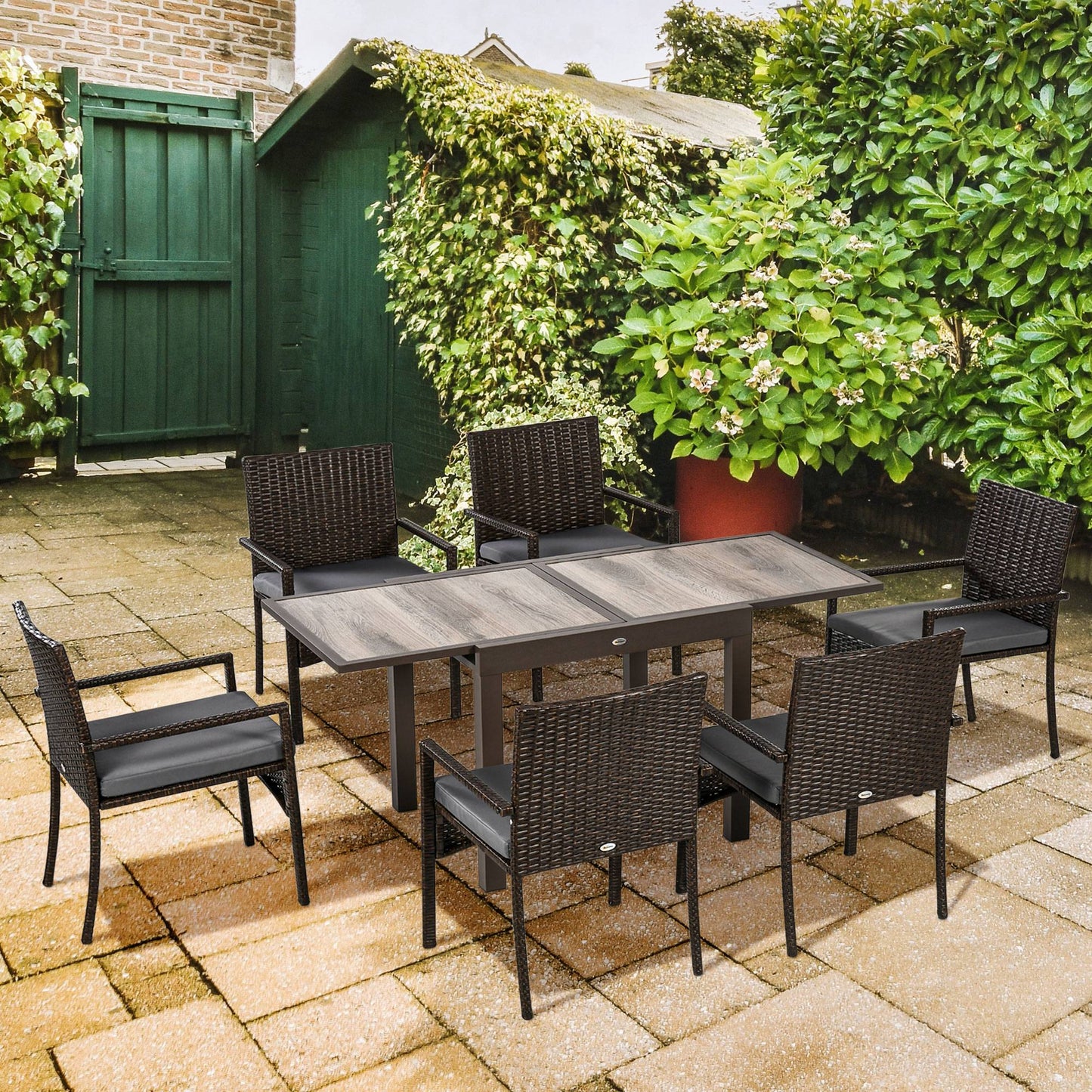 Outsunny Conjunto De Muebles De Ratán De Jardín Con Mesa Extensible Y 6 Sillas_1