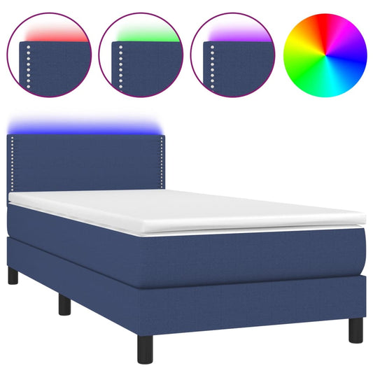 Cama Box Spring Colchón Y Luces Led Tela Azul 90x190 Cm / Vetonek_0