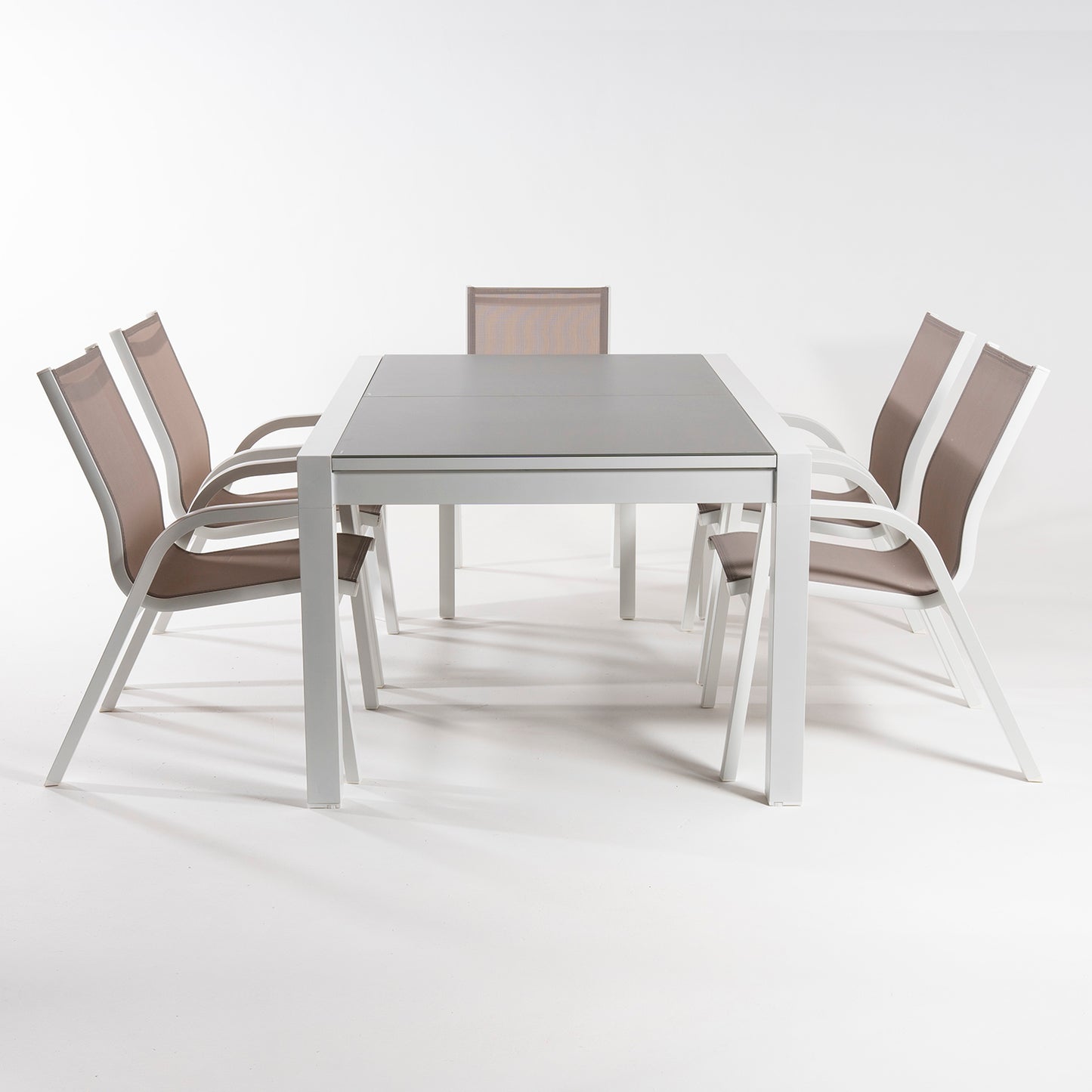 Conjunto Muebles Exterior, Mesa Extensible 160/210, Sillones Apilable, 6 Plazas, Aluminio Blanco, Textilene Taupé_3