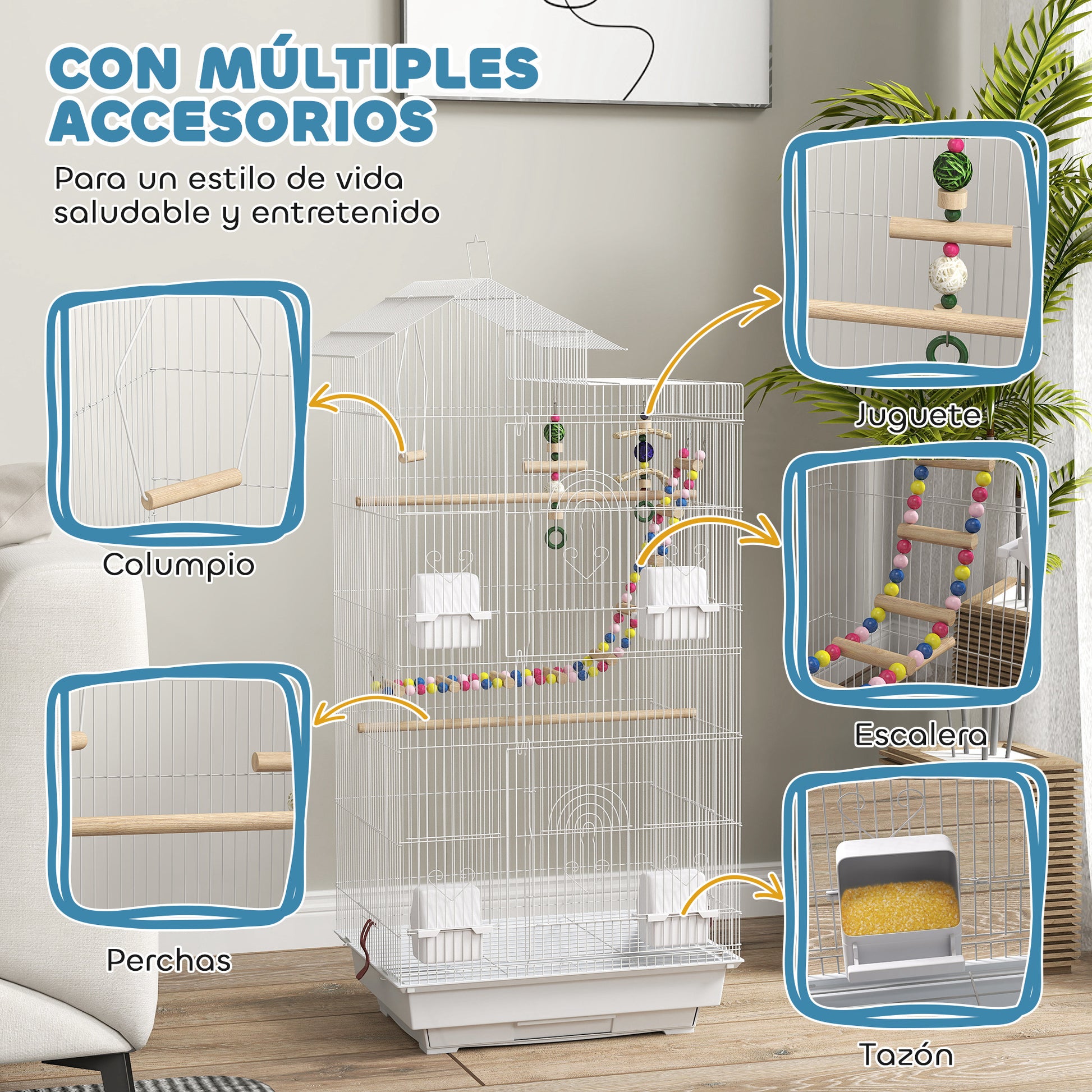 Pawhut Jaula Para Pájaros Con Puertas 4 Comederos Columpio 46x36x100 Cm Blanco_3