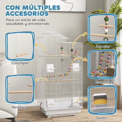 Pawhut Jaula Para Pájaros Con Puertas 4 Comederos Columpio 46x36x100 Cm Blanco_3