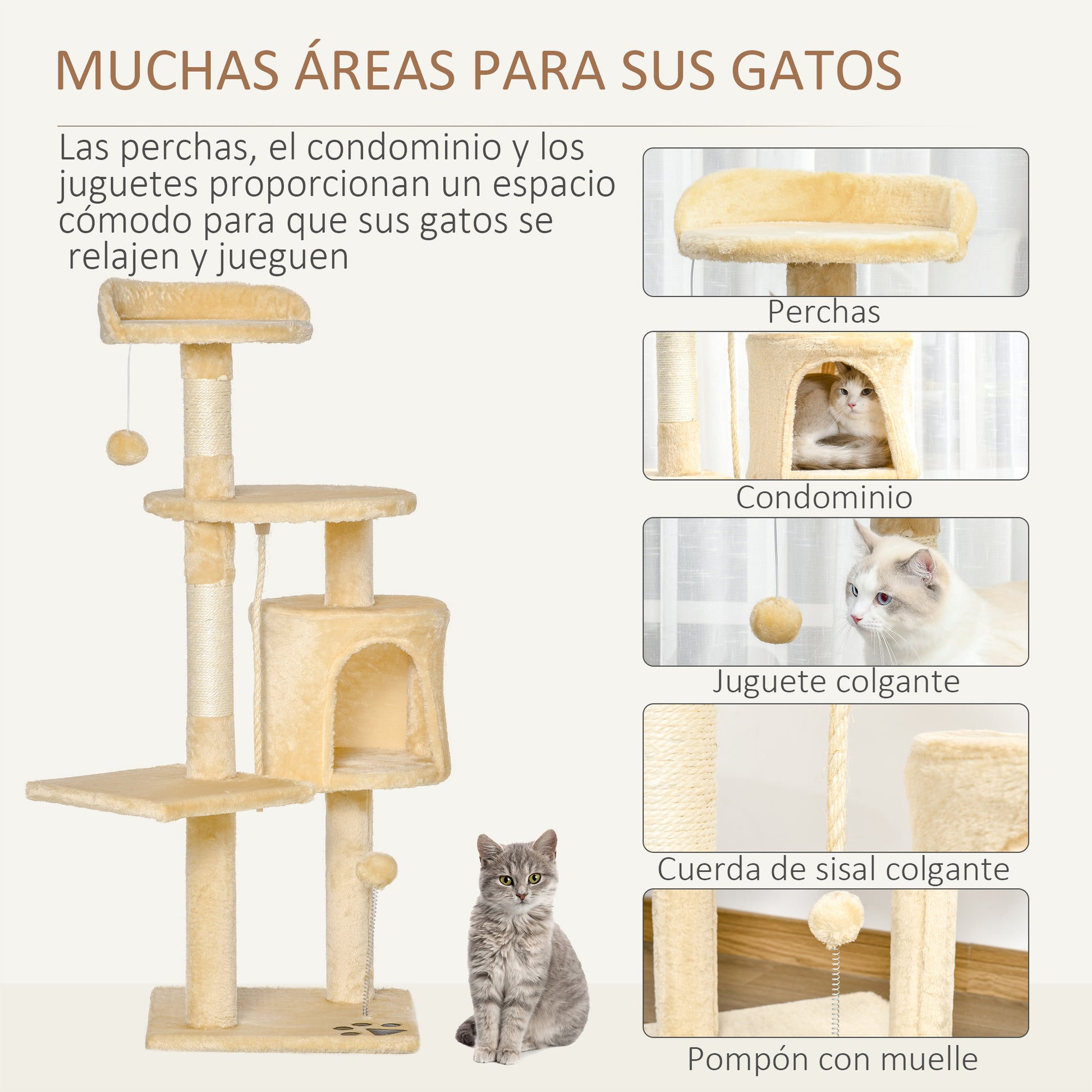 Pawhut Árbol Para Gatos Rascador Grande Con Plataformas Casetas Bolas De Juego 114cm Cubierto De Felpa Beige_4
