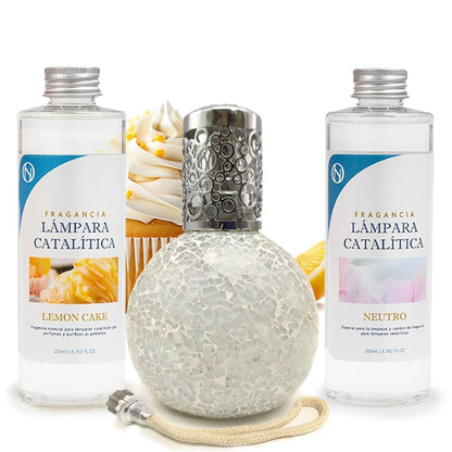 Pack Ahorro Lámpara Catalítica Mosaico Blanco + Fragancia Lemon Cake 200ml + Limpiador Neutro 200ml + Mecha Repuesto_0