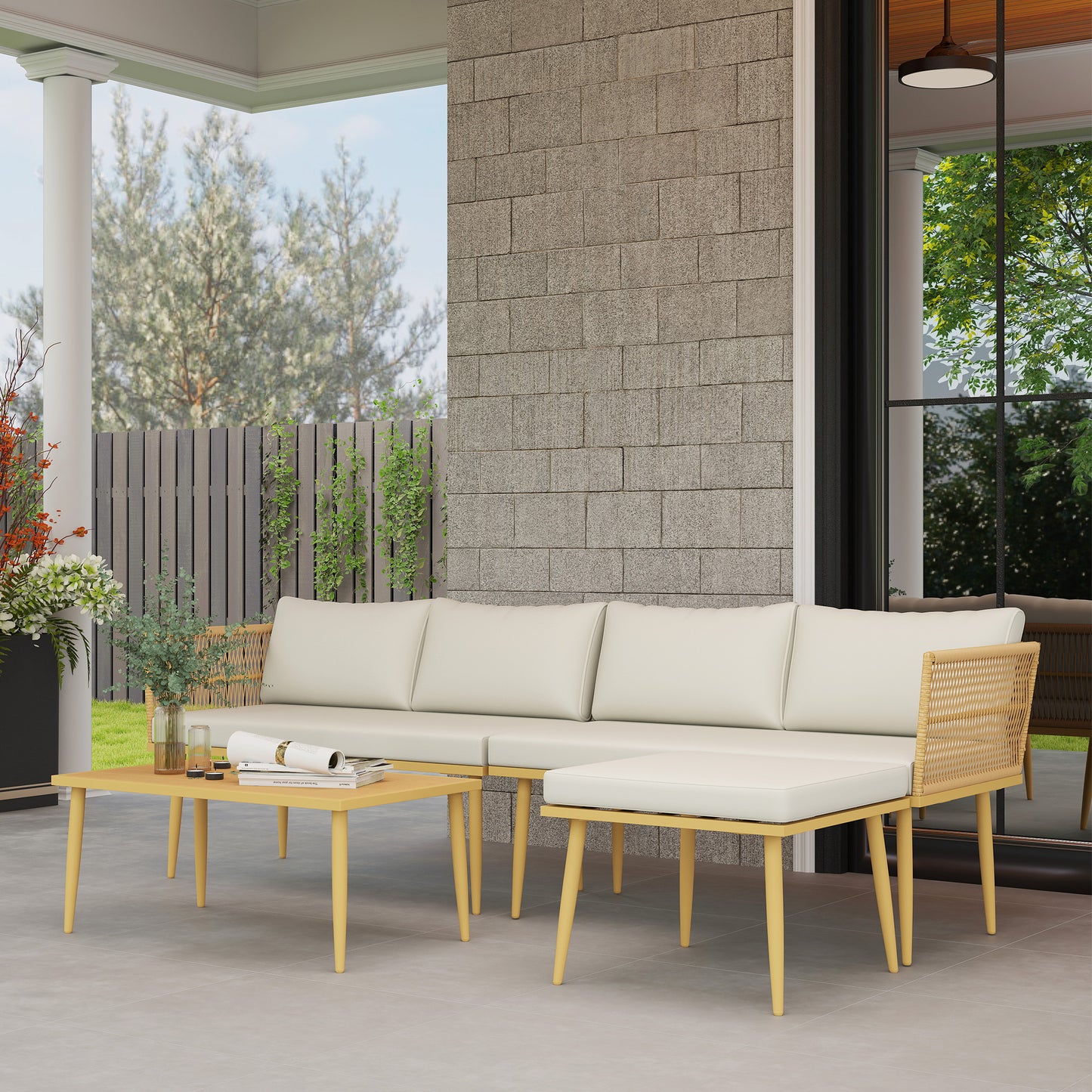 Outsunny Conjunto De Jardín Exterior De Ratán Sintético De 4 Piezas Natural_1