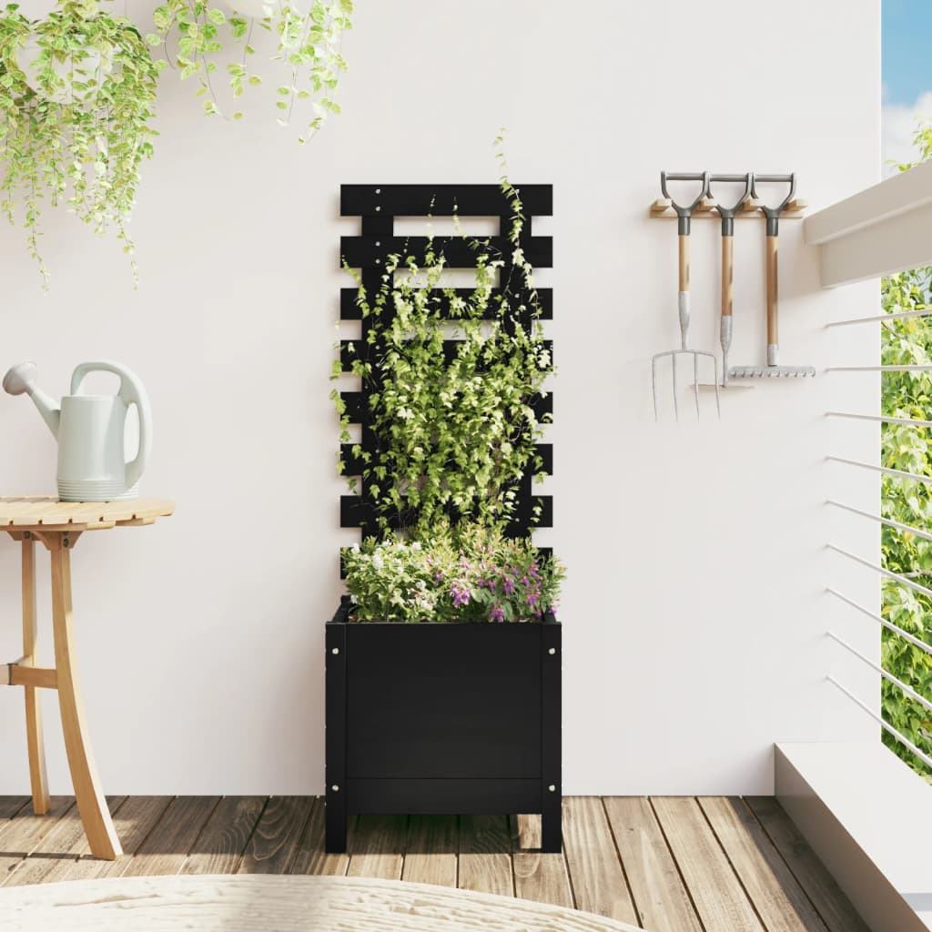 Jardinera Con Estantería Madera Maciza Pino Negro 39x39,5x114cm_1