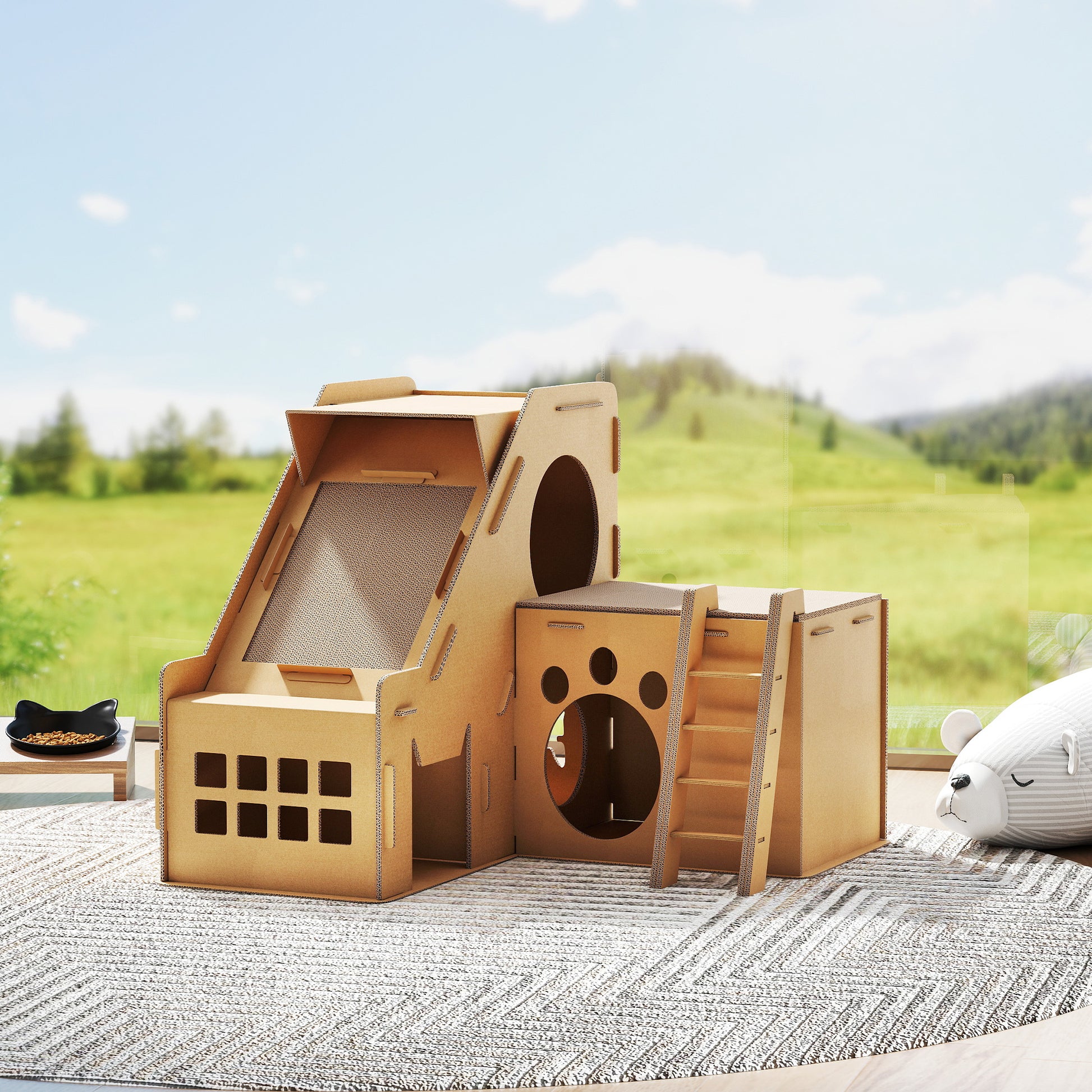 Pawhut Rascador Cartón Para Gatos Forma Castillo 2 En 1 67x66x57 Cm Marrón_3