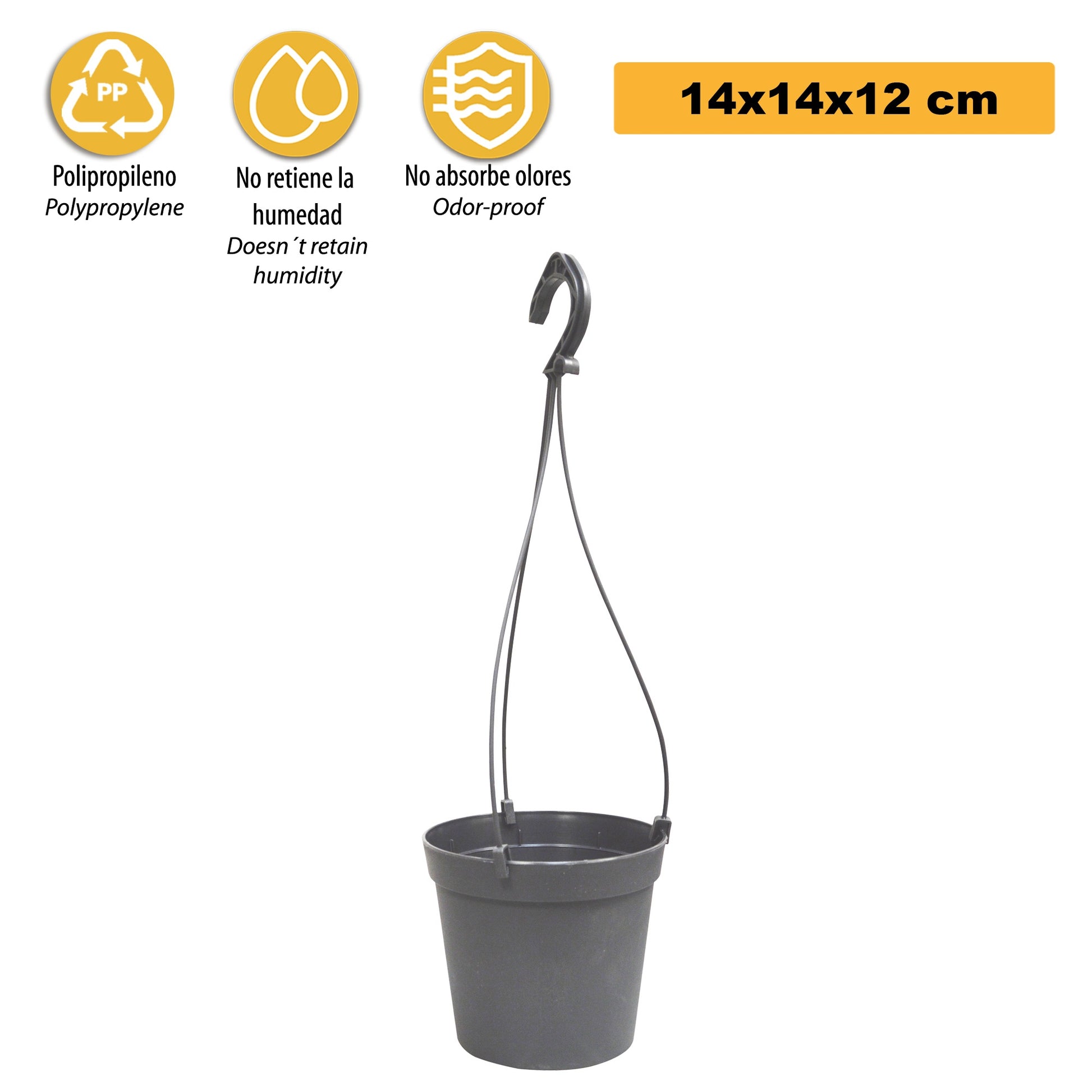 3 Macetas Cilíndricas Ø 14 Cm Con Ganchos, De Polipropileno Gris_2