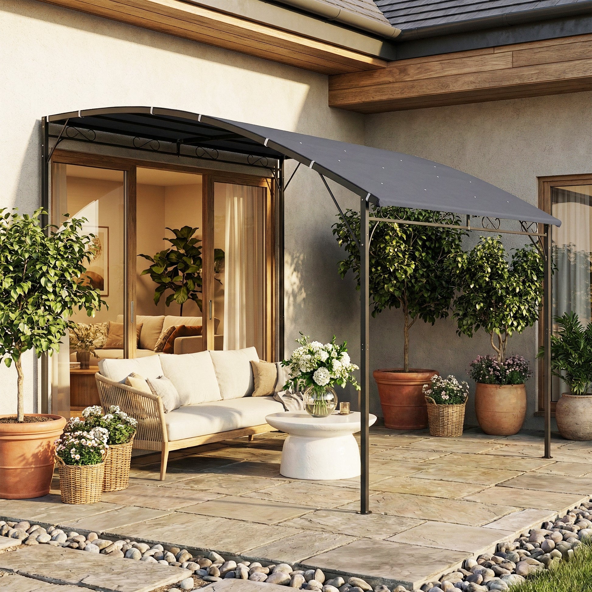 Outsunny Pérgola De Pared 2,8x3,8 M Con Techo Inclinado Estructura Metálica Gris_3