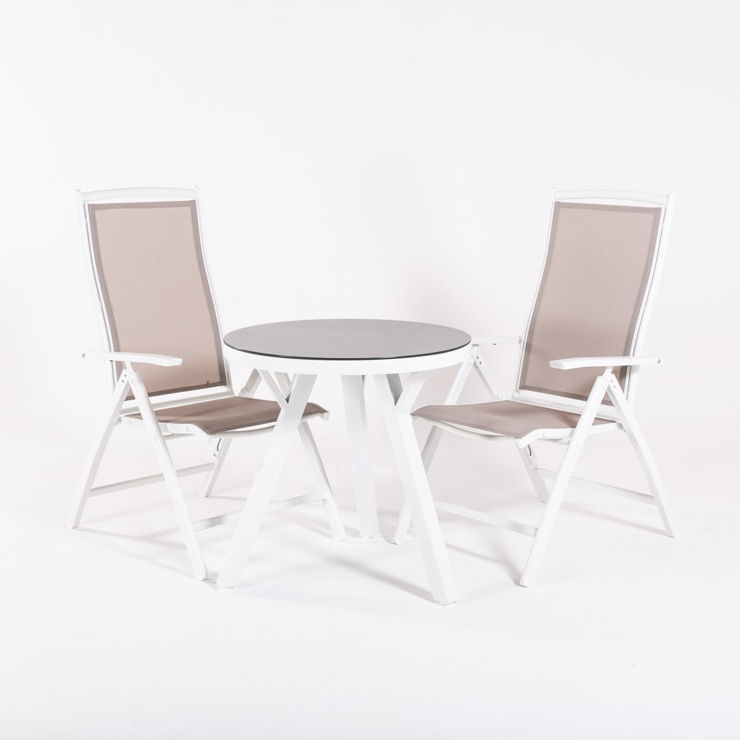 Conjunto De Mesas Y Sillas De Jardín, Redonda 70 Cm, Cristal Templado, Color Blanco + 2 Sillones Reclinables_2