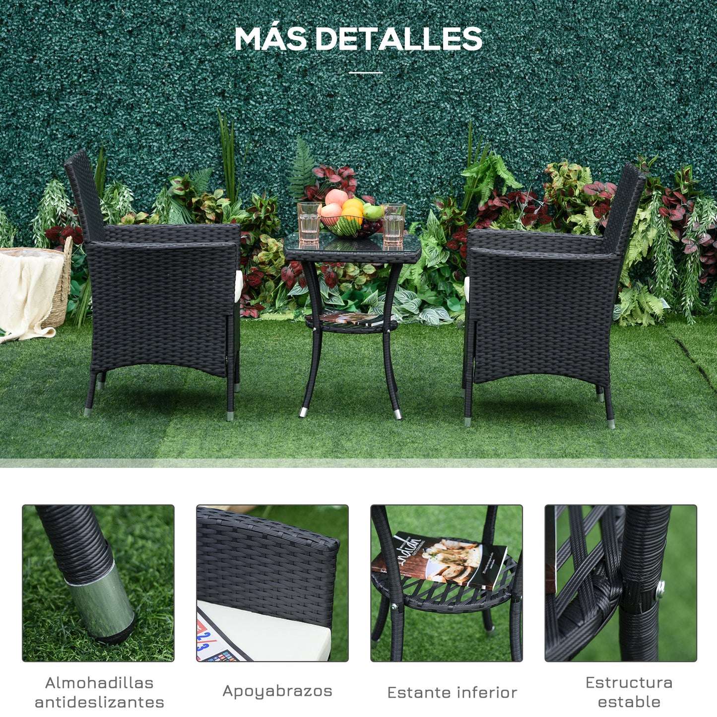 Outsunny Conjunto De Muebles De Exterior De Ratán 1 Mesa 2 Sillas Negro_5