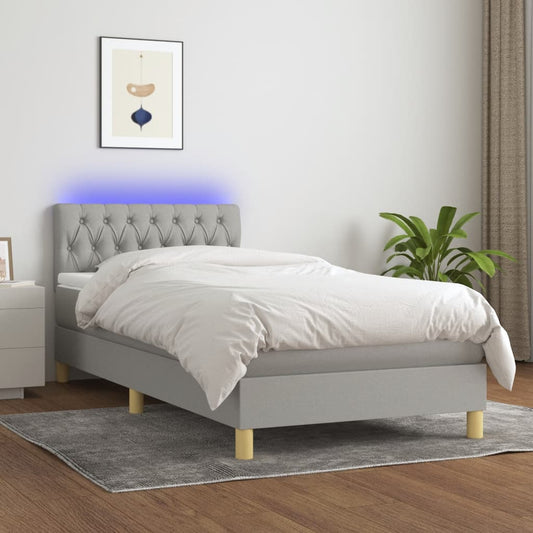 Cama Box Spring Colchón Y Luces Led Tela Gris Claro 90x200 Cm / Vetonek_0