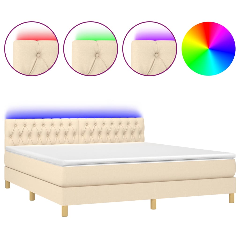 Cama Box Spring Con Colchón Y Led Tela Crema 160x200 Cm / Vetonek_0