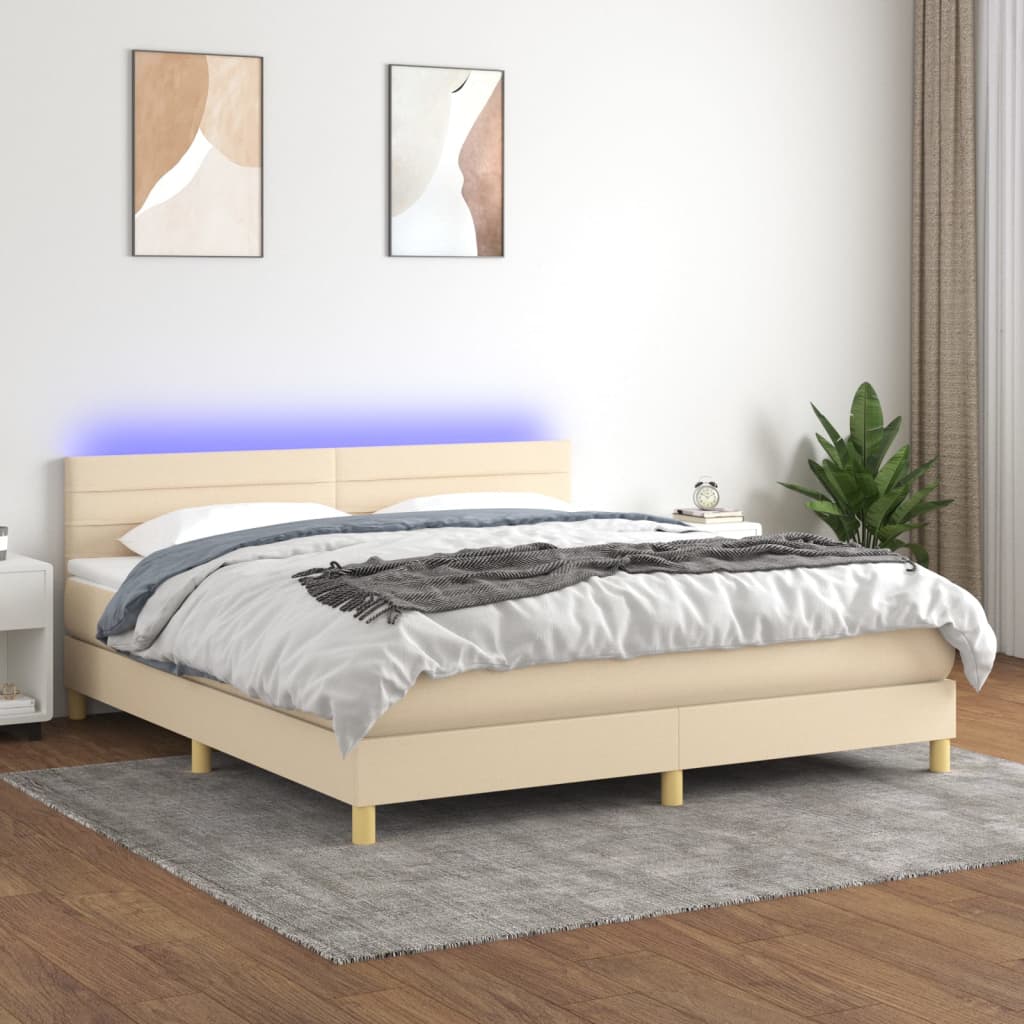 Cama Box Spring Con Colchón Y Led Tela Crema 160x200 Cm / Vetonek_4