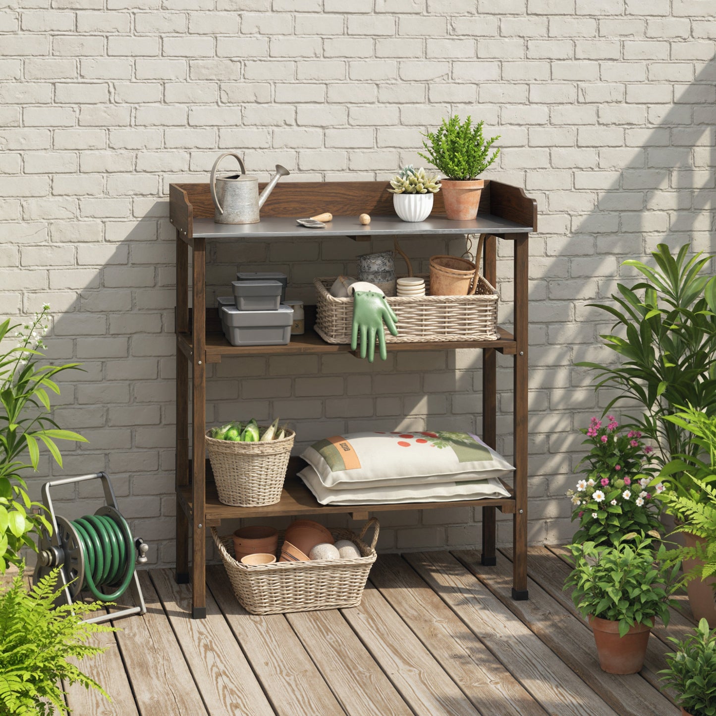 Outsunny Mesa De Plantación De Madera Con Placa Metálica 2 Estantes Carbonizado_3