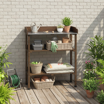 Outsunny Mesa De Plantación De Madera Con Placa Metálica 2 Estantes Carbonizado_3