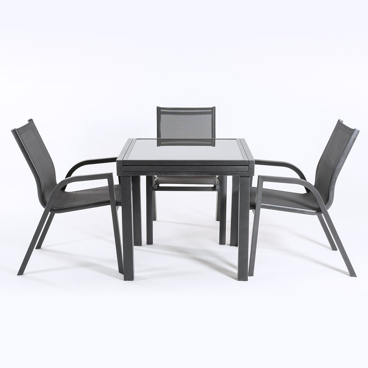Conjunto Exterior Color Antracita, Mesa Extensible 80/160 Y 4 Sillones Apilables, Aluminio Reforzado, Textilene Plata Y Negro, 4 Plazas_3