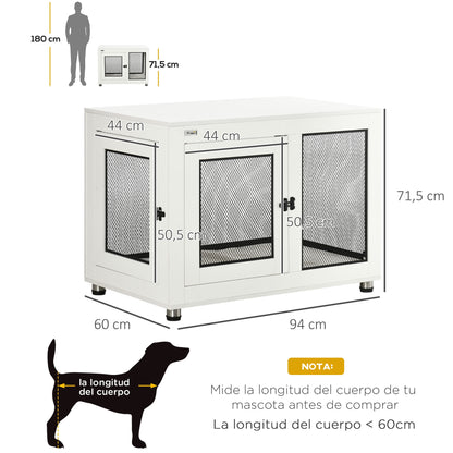 Pawhut Jaula Para Perros De Madera Superficie Mesa De Centro 94x60x71,5cm Blanco_2