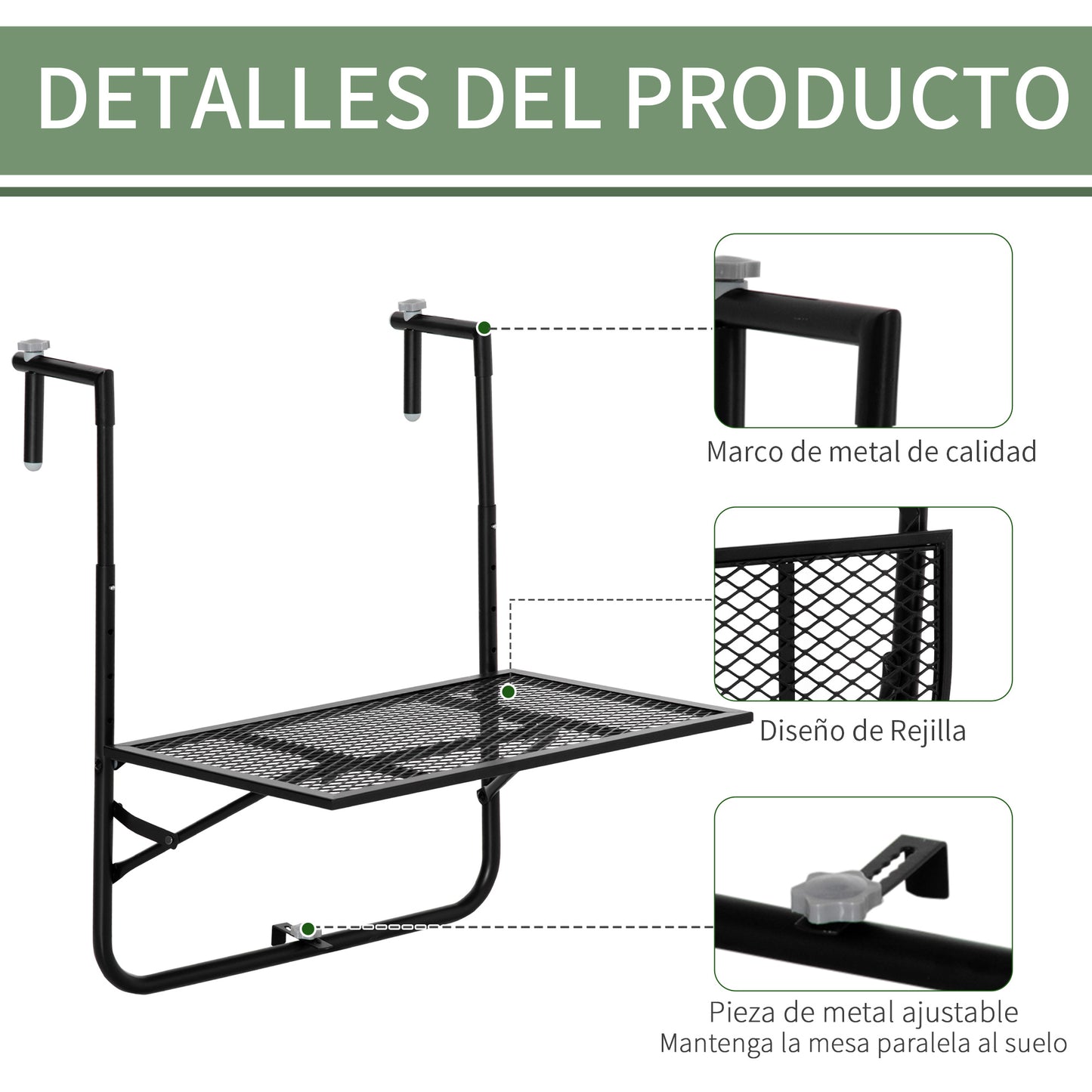 Outsunny Mesa Colgante De Balcón Plegable De Metal 60x60x57-72 Cm Negro_5