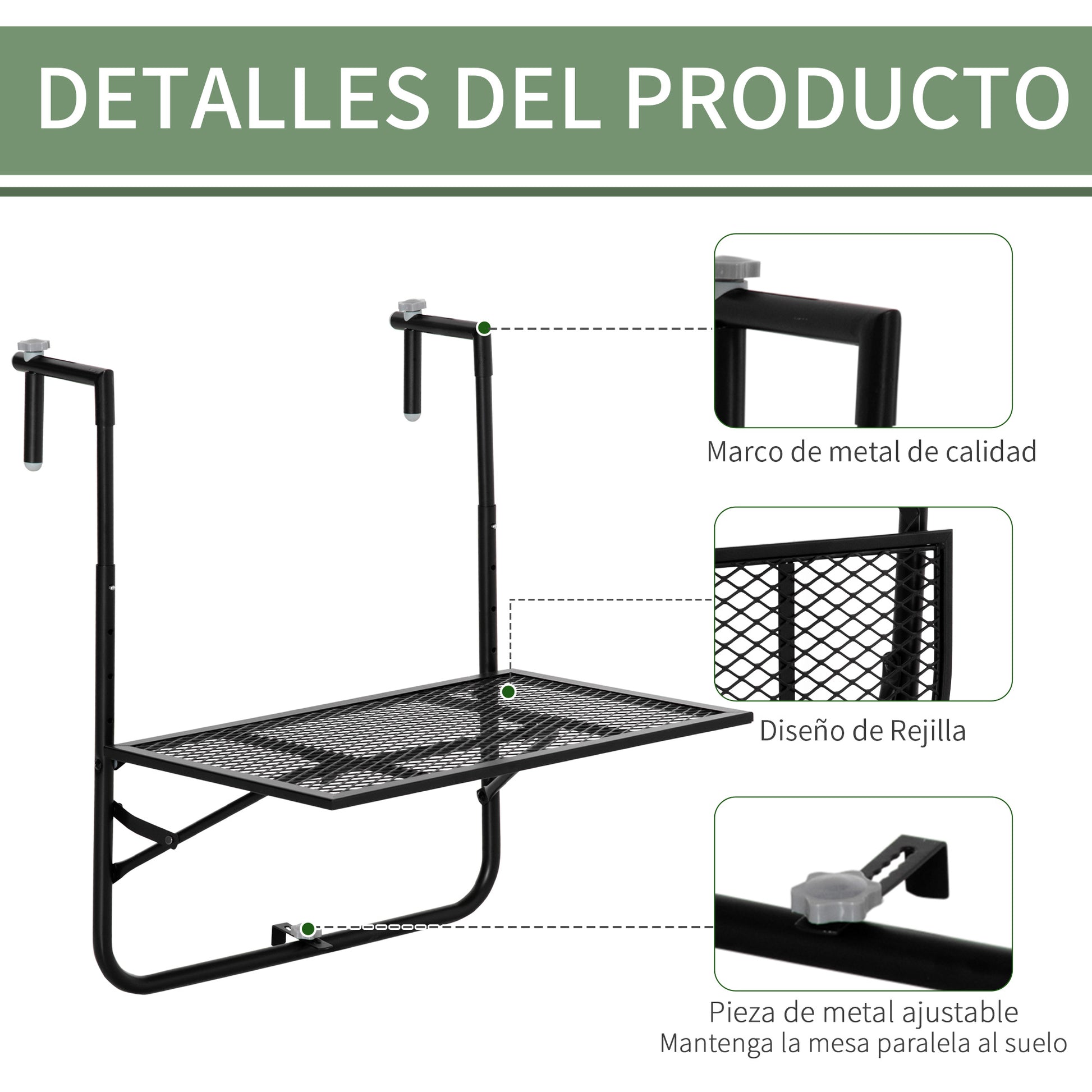 Outsunny Mesa Colgante De Balcón Plegable De Metal 60x60x57-72 Cm Negro_5