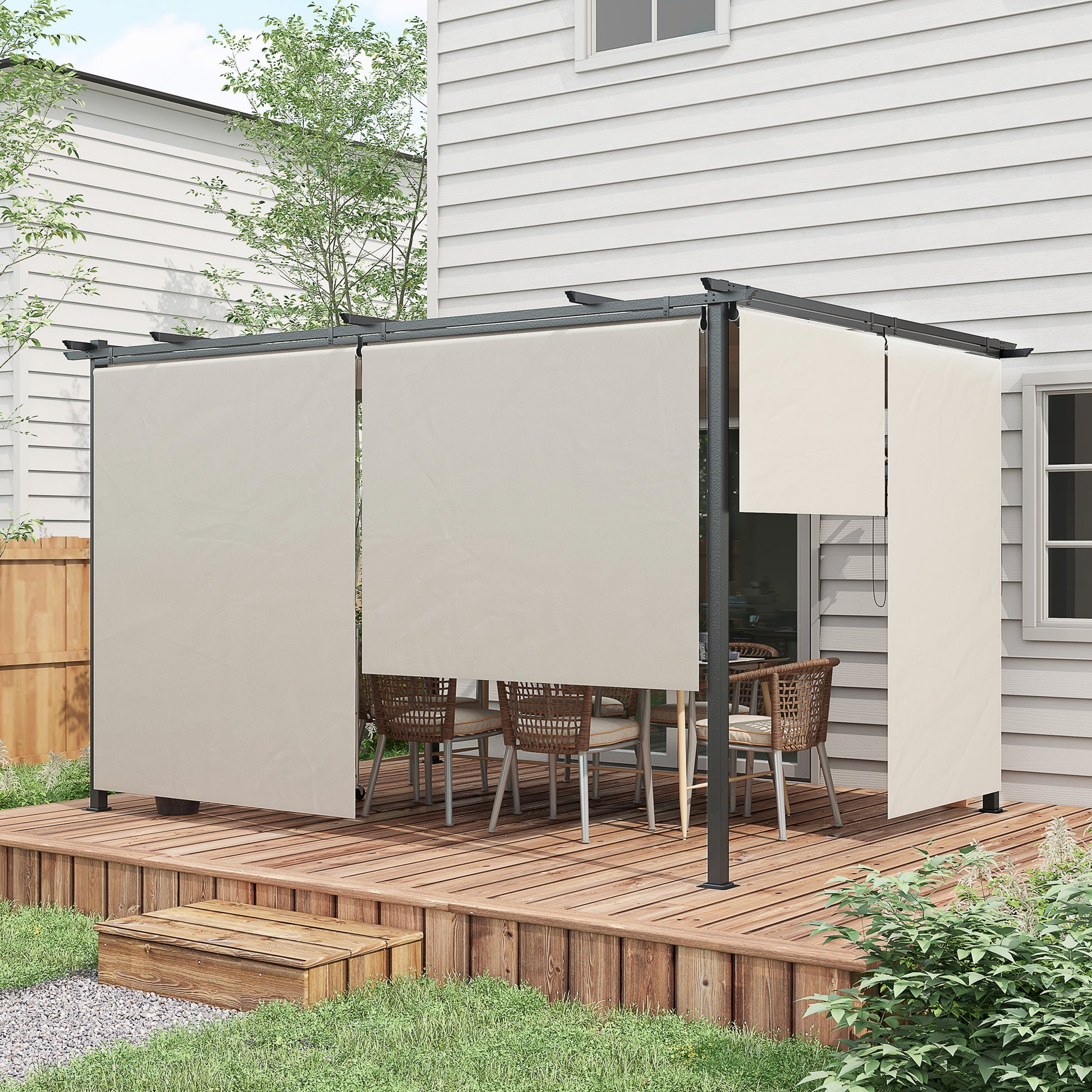 Outsunny Pérgola De Jardín 4x3 M Con Techo Retráctil 4 Cortinas Enrollables_1
