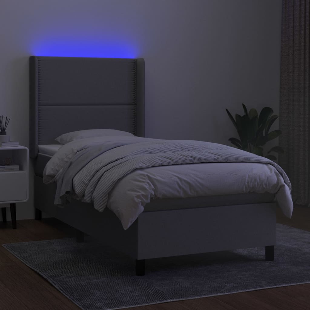 Cama Box Spring Colchón Y Luces Led Tela Gris Claro 80x200 Cm / Vetonek_3