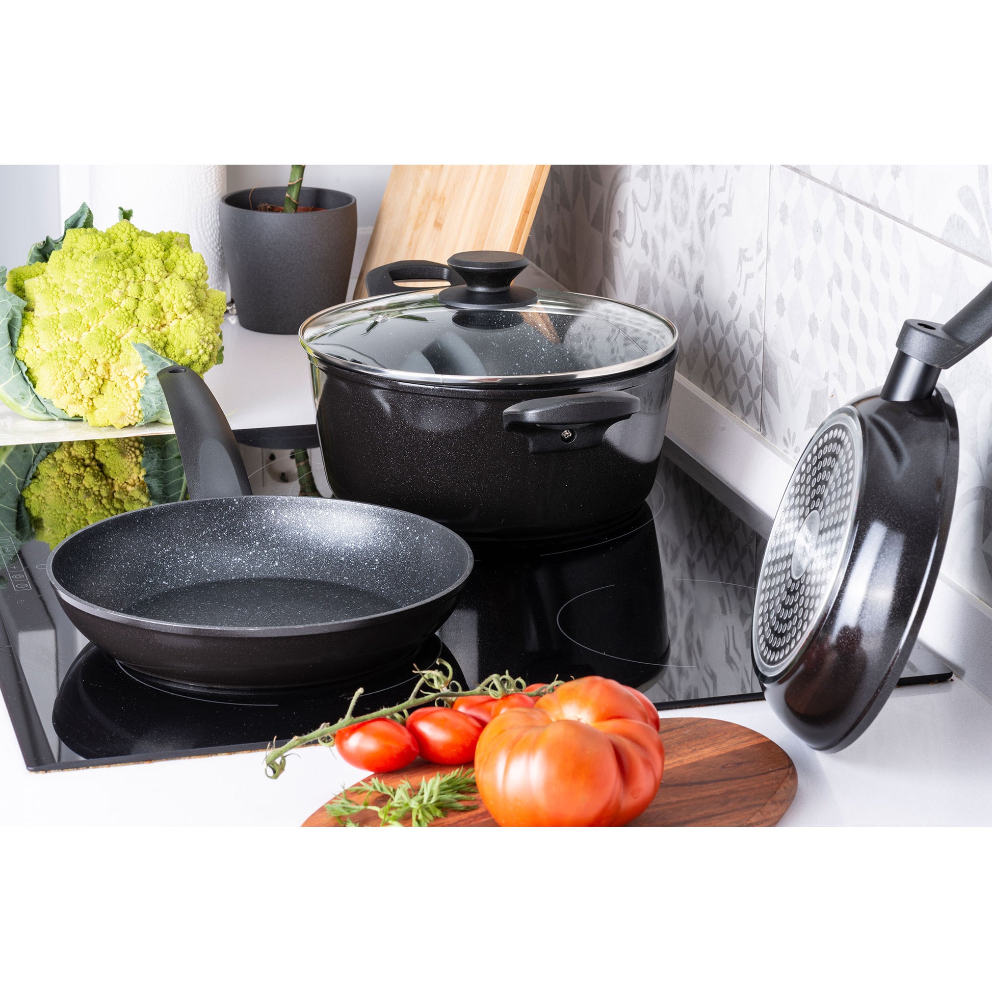 Batería Cocina Inducción 4 Piezas, Antiadherente Sin Pfoa, Aluminio Forjado, Cazuela Sartenes Fagor Vivant 424 Negro_3