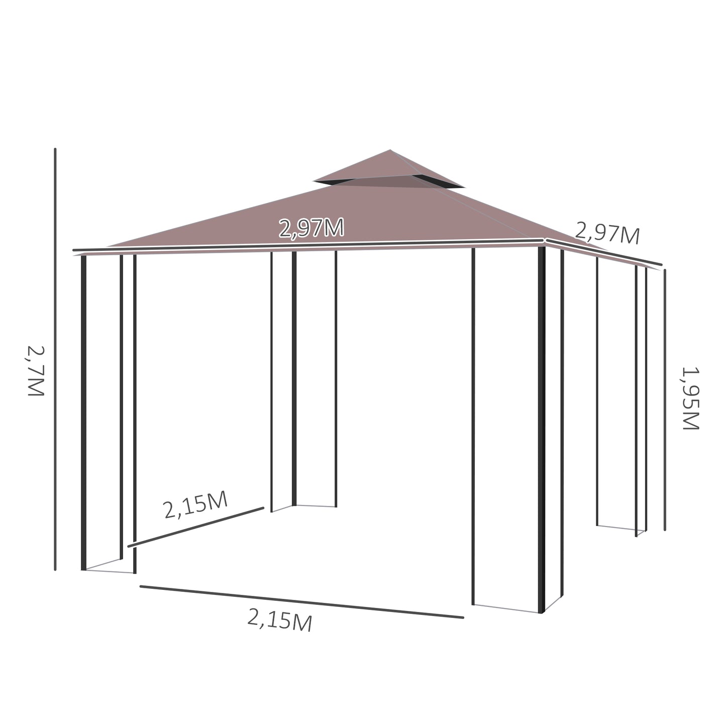 Outsunny Cenador De Jardín 3x3 M Con Doble Techo 4 Mosquiteras Para Fiestas Café_2