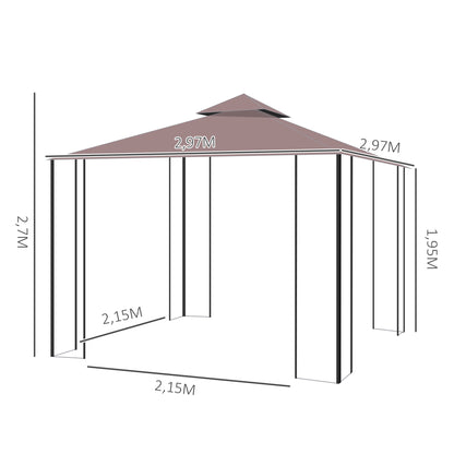 Outsunny Cenador De Jardín 3x3 M Con Doble Techo 4 Mosquiteras Para Fiestas Café_2