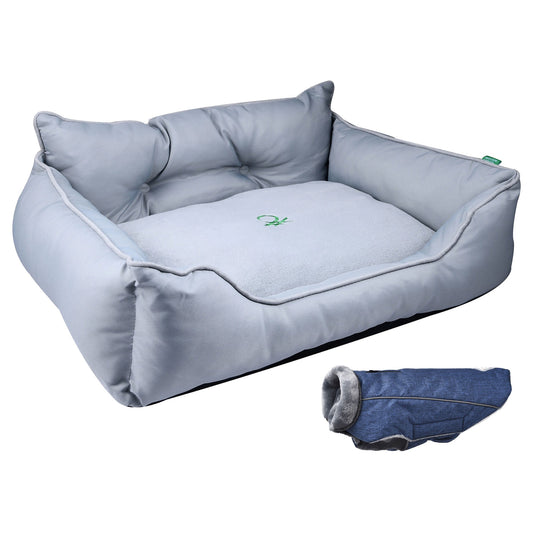 Cama Para Mascota 90x70x28cm Gris + Abrigo Azul Para Mascotas 40cm
