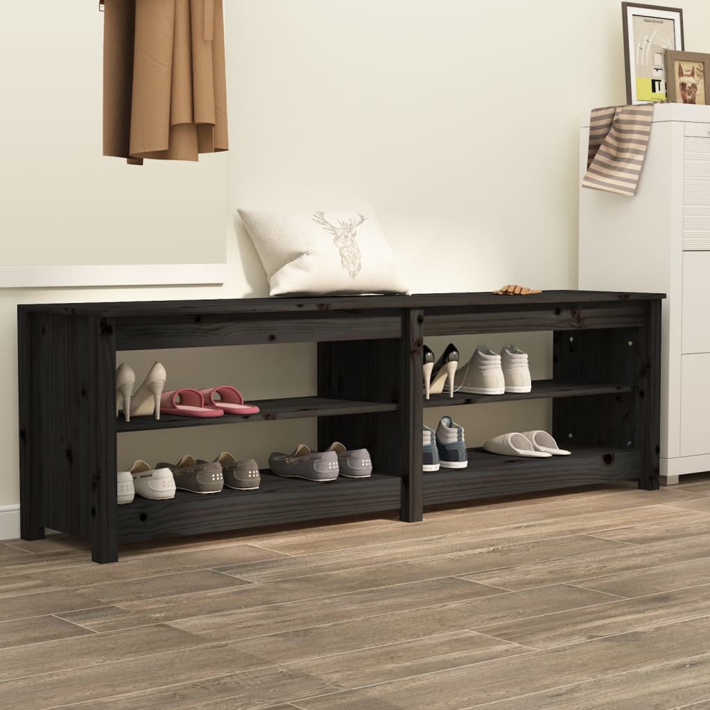 Banco Zapatero De Madera Maciza De Pino Negro 160x36,5x50 Cm / Vetonek_0